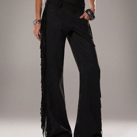 Black Women's Casual Flared Leg Faux Suede Fringe Side Pants - Picture 6 of 7